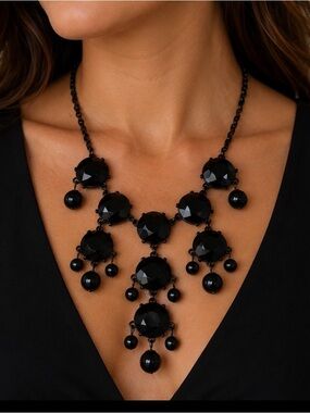 Neiman Marcus Black Faceted Bib Necklace with Drop Accents
